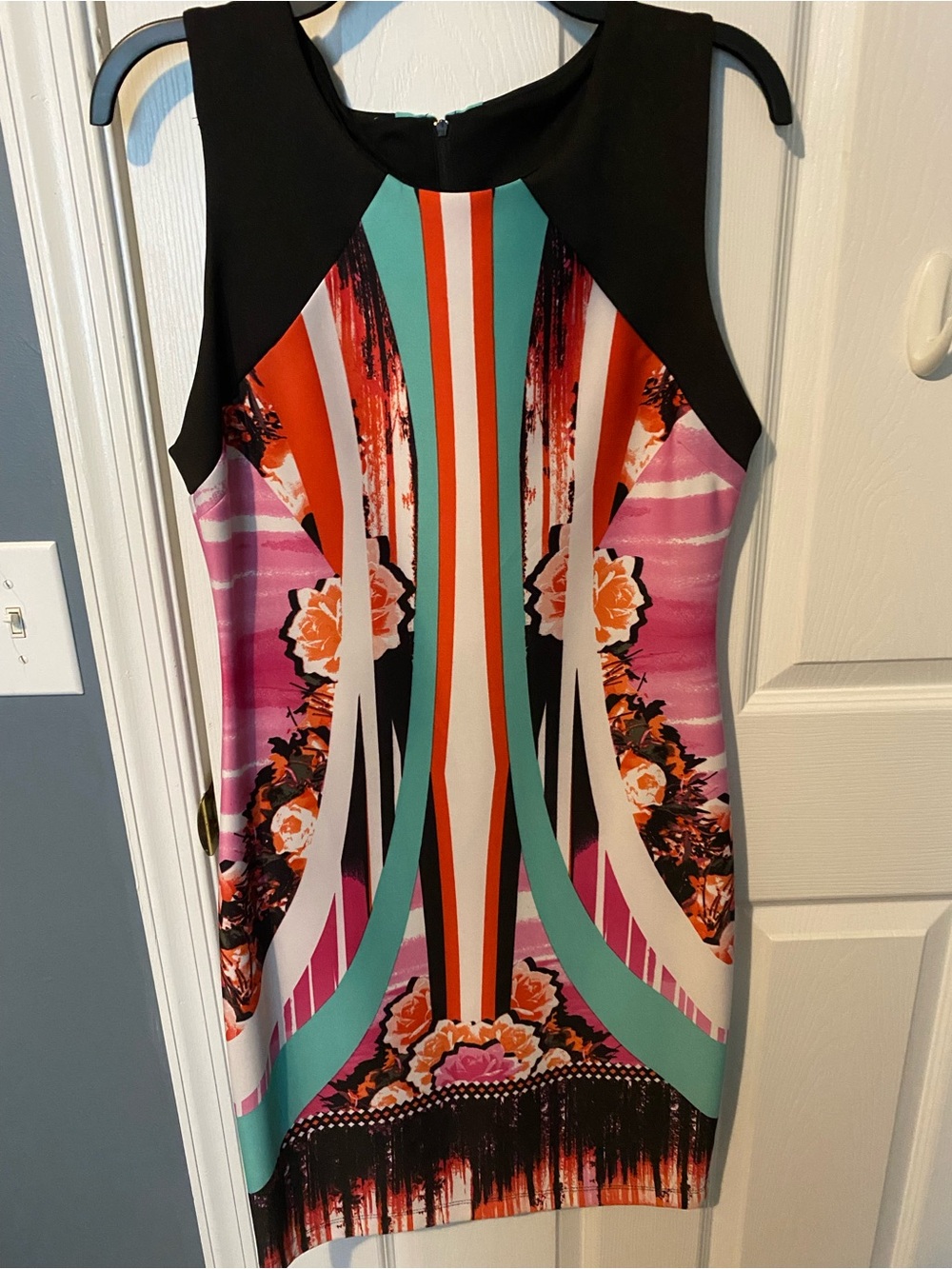 Bisou Bisou Sleeveless Floral Stripe Bodycon Dress in Black and Multicolor